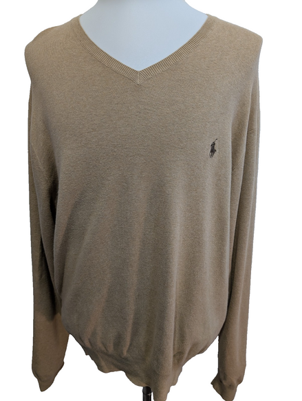 Pull Polo Ralph Lauren Col V 100% Coton Pima Crème Marron Clair - Taille XXL