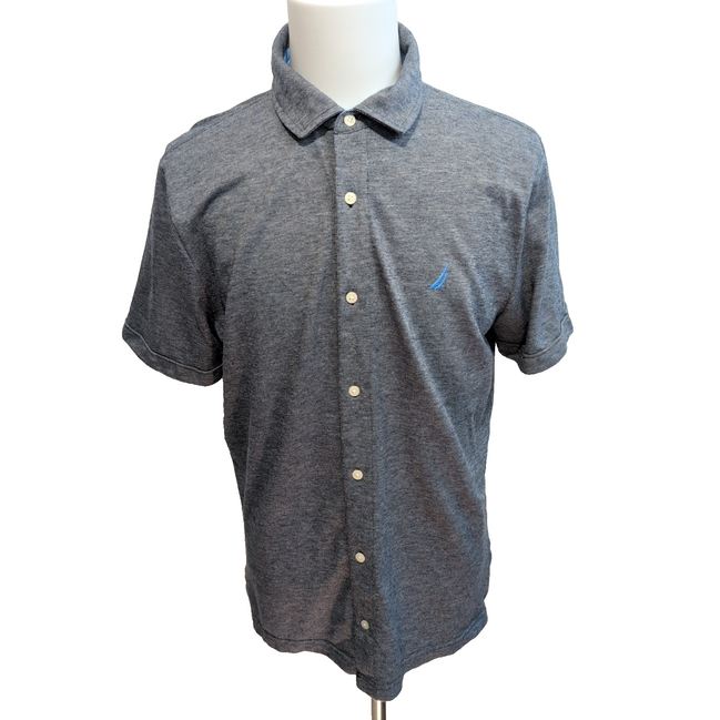Chemise Nautica L gris coton piqué logo bleu manches courtes polo shirt