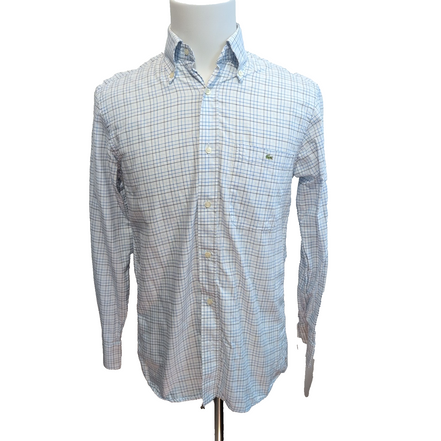 Chemise Lacoste 38 S/M Blanc Carreaux Bleus Logo Vert Coton manches longues