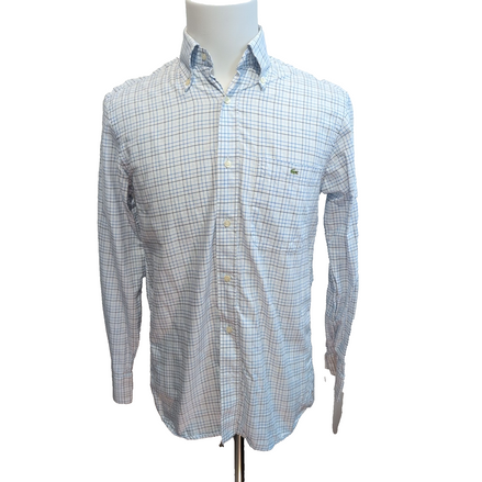 Chemise Lacoste 38 S/M Blanc Carreaux Bleus Logo Vert Coton manches longues