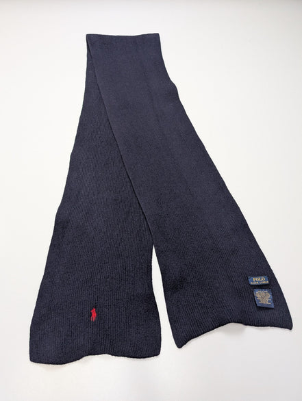 Écharpe Polo Ralph Lauren Bleu Marine 100% Laine Mérinos Logo Rouge