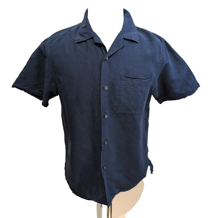 Chemise UNIQLO Lin S Bleu Marine Uni Manches Courtes Poche manches courtes