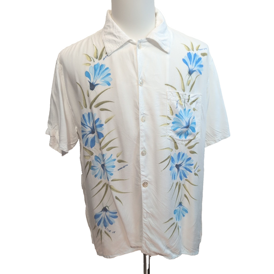 Chemise Hawaïenne Island Spirit Hawaii M Rayonne Fleurs Tropicales Blanc