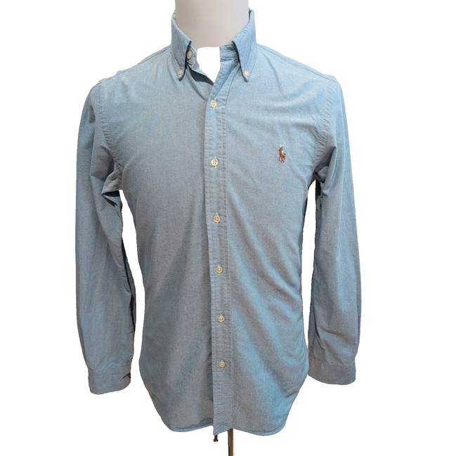 Chemise Polo Ralph Lauren Slim Fit S Oxford bleu logo marron manches longues