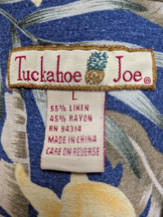 Chemise Hawaïenne Tuckahoe Joe Lin & Rayon Bleu Motif Floral Jaune - Taille L