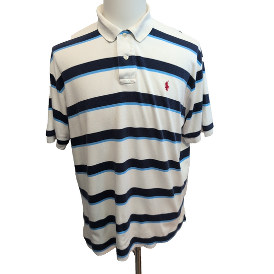 Polo Ralph Lauren Homme L Blanc Rayures Bleu Logo Rouge Manches Courtes