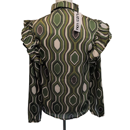 Chemise Femme LIZZI LOU S Verte Motifs Rétro Volants Neuve Étiquette