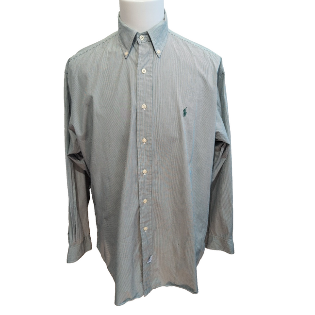 Chemise Ralph Lauren L Verte Rayures Coton Logo Brodé Vintage USA Style