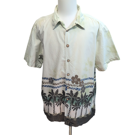 Chemise Hawaïenne Vert Pâle Palmiers Noir Coton XXL Boutons Bois