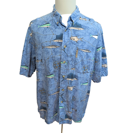 Chemise Hawaïenne Manches Courtes Columbia Poissons Bleu Viscose Coton L