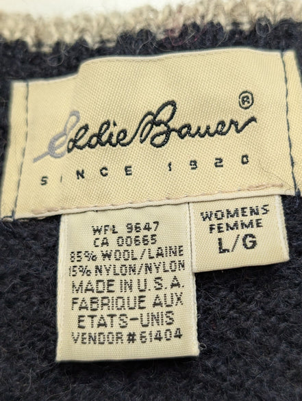 Pull EDDIE BAUER Vintage Ethnique MADE IN USA Laine Bleu Marine Taille L Femme