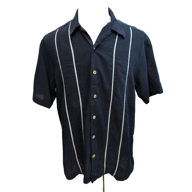 Chemise Hawaïenne Style Cuba Panama M Bleu Rayures Lin Coton Boutons Bois