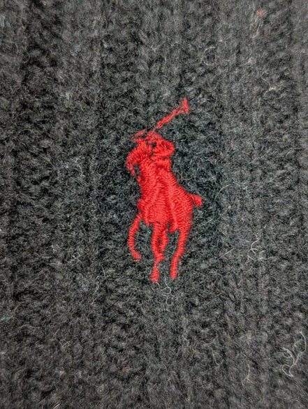 Écharpe Polo Ralph Lauren Côtelée Noire Logo Rouge 80% Laine d'Agneau Vintage