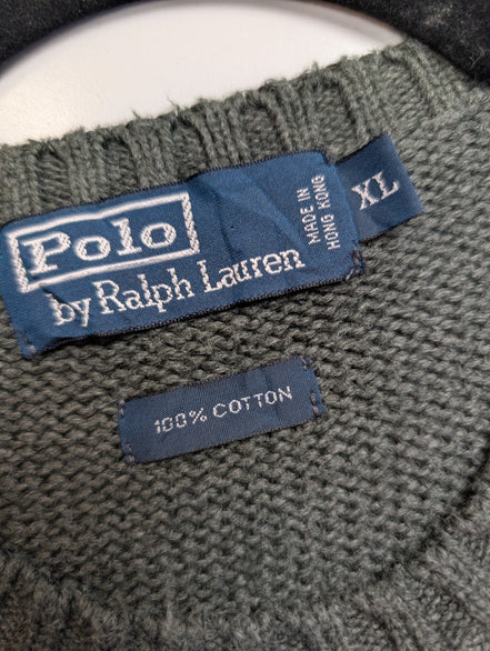 Pull Polo Ralph Lauren XL gris foncé col rond coton logo violet brodé