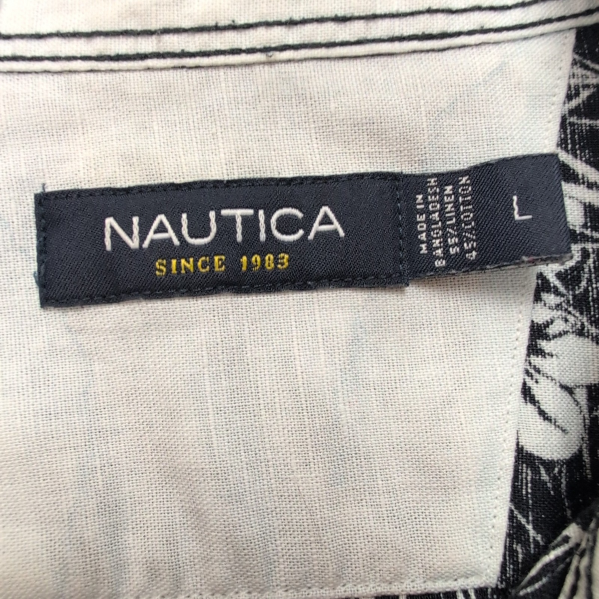 Chemise Hawaïenne Nautica 55% Lin 45% Coton Noir Blanc Taille L