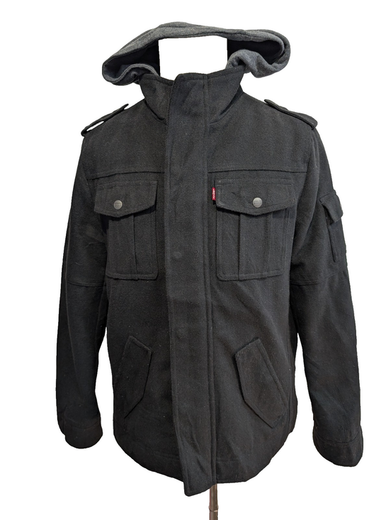 Blouson Veste Levis Homme S Laine Épaisse Matelassée Capuche Noire 4 Poches