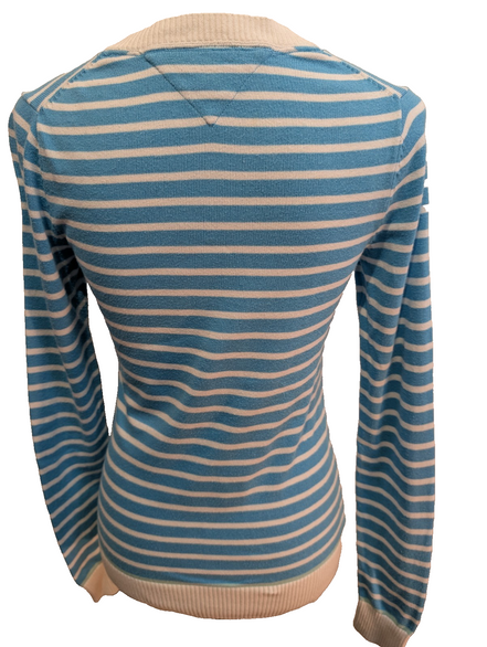 Pull Col V Tommy Hilfiger à rayures Bleu Ciel et Blanc Femme - Taille M