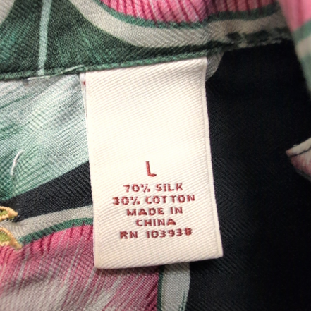 Chemise Hawaïenne Caribbean L 70% Soie Noir Fleurs Fuchsia Boutons Bois