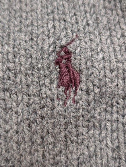 Pull Polo Ralph Lauren Gris Logo Bordeaux - 100% Coton - Taille M