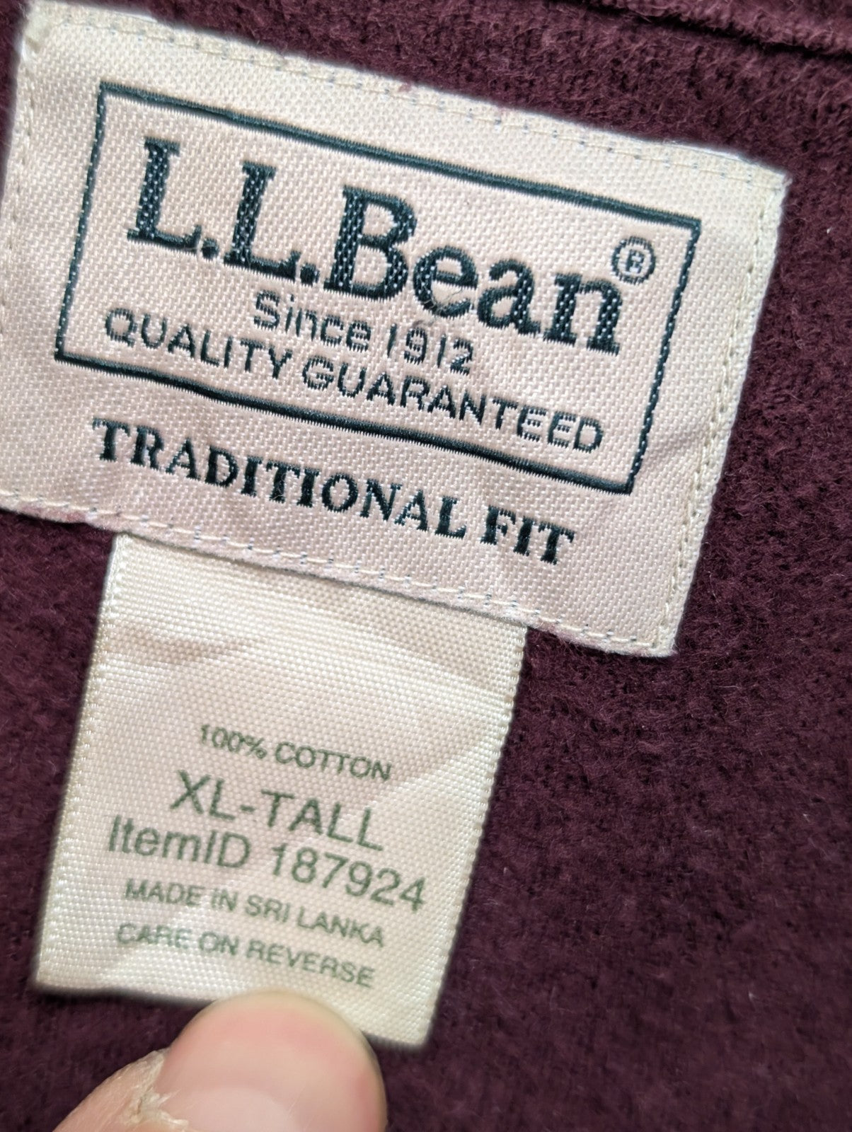 Chemise L.L.Bean T.XL TALL Chamoisette Épaisse Bordeaux Vtg 100% Coton