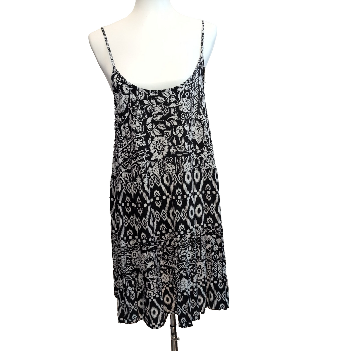 Robe d'été Femme Bohème Noir Blanc Motif Ethnique Floral Bretelles M