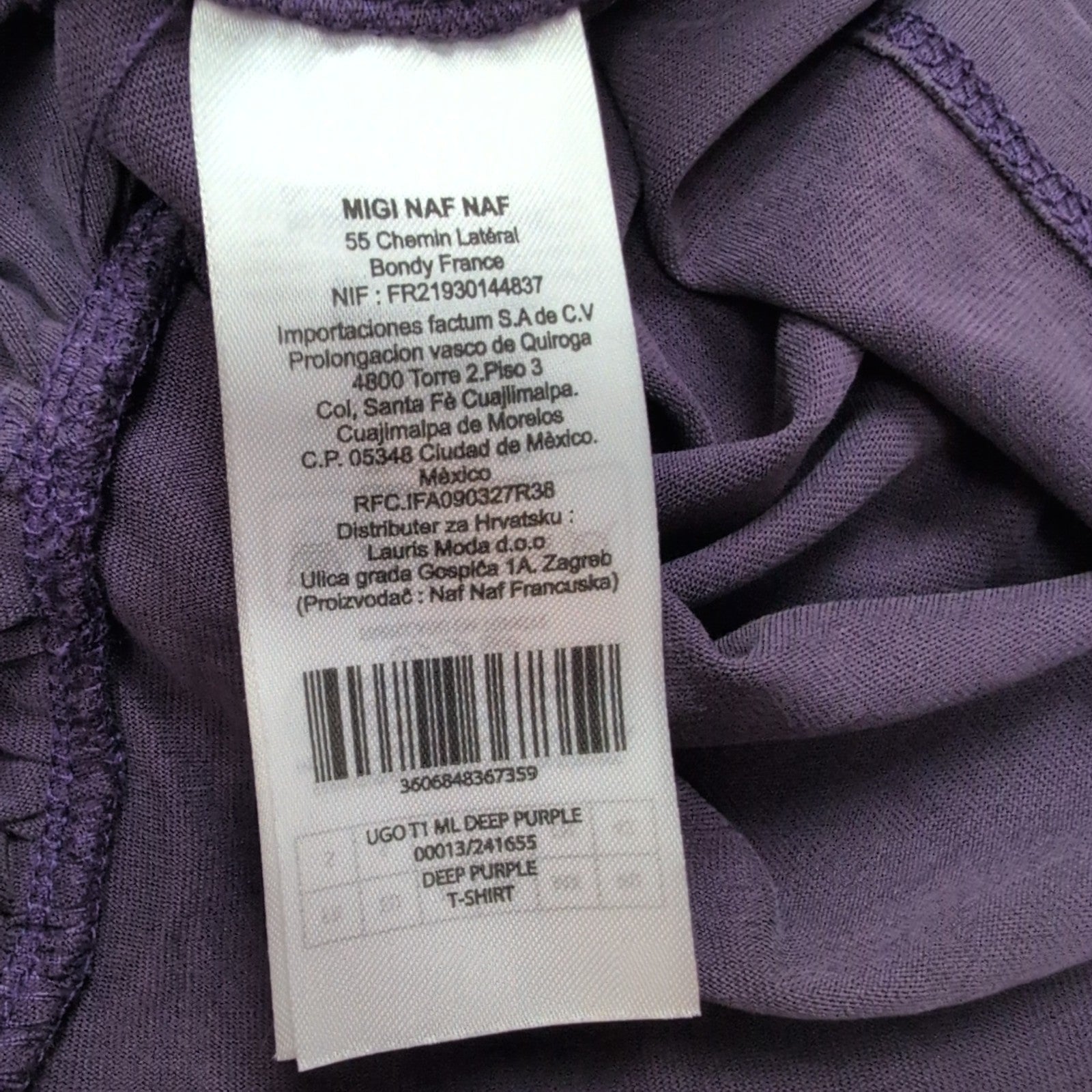 Haut Naf Naf Femme Taille S Violet Cache-Cœur 70% Modal Manches Longues Neuf