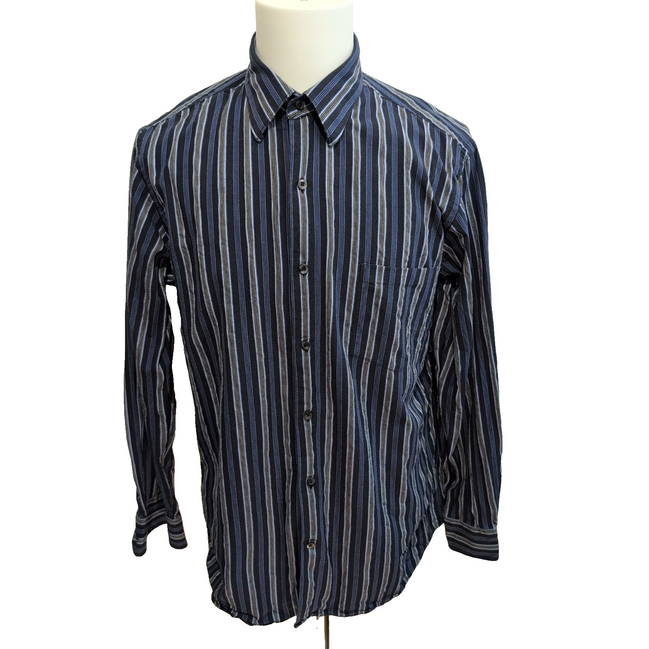 Chemise J. Ferrar L XL Bleu Noir Rayures Poche Manches Longues Coton