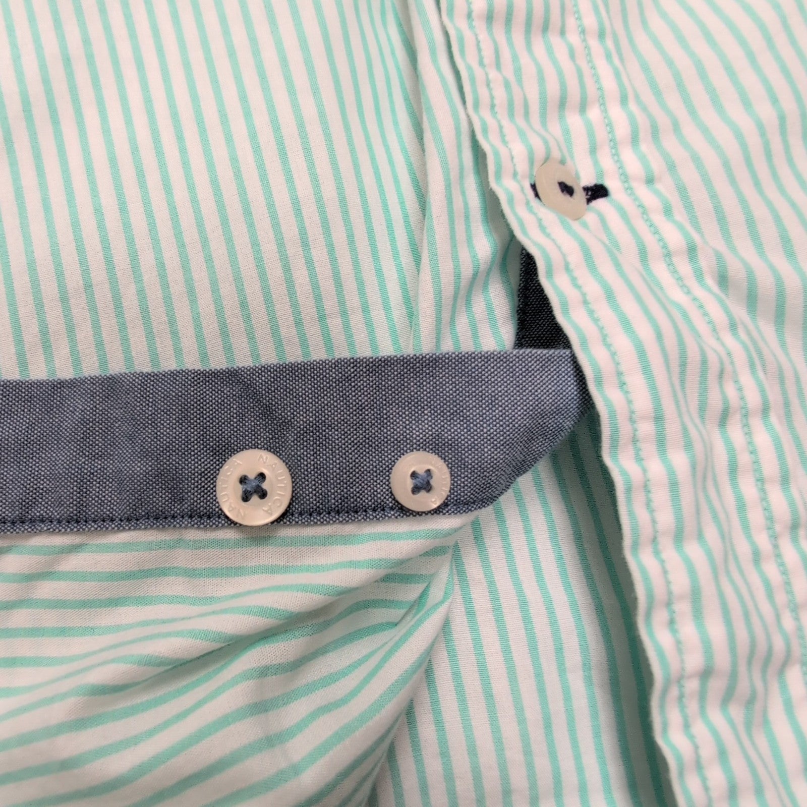 Chemise Nautica XXL Vert Pâle Rayures Logo Brodé Coton manches longues