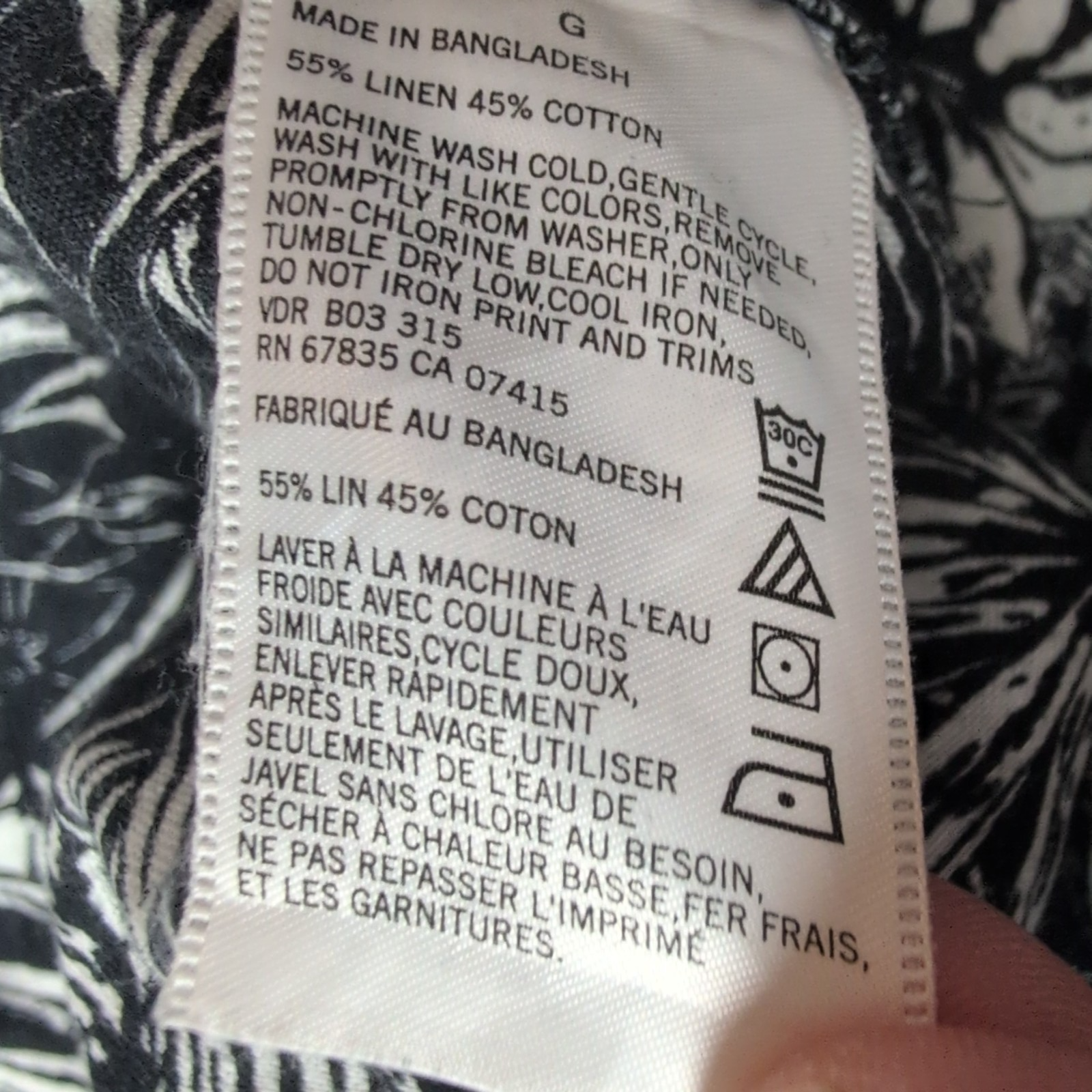 Chemise Hawaïenne Nautica 55% Lin 45% Coton Noir Blanc Taille L