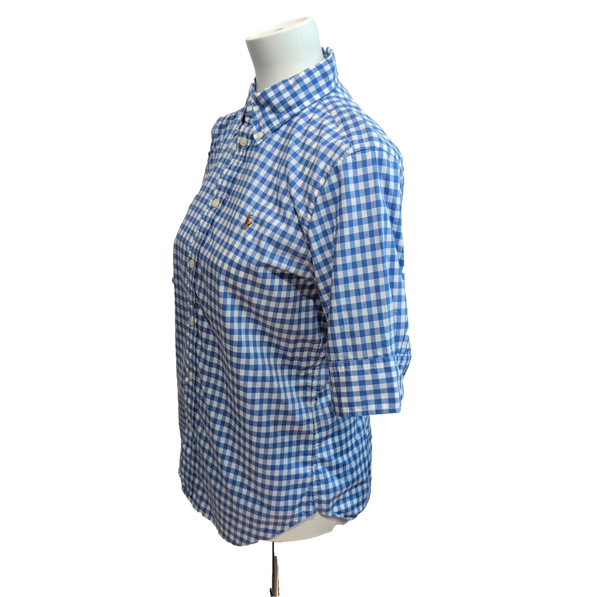 Chemise Ralph Lauren Femme M Bleu Vichy Logo Marron 100% Coton Cintrée