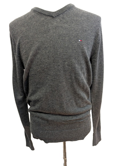 Pull Col V Tommy Hilfiger Gris Foncé Laine Lavable en Machine - Taille M
