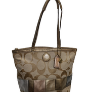 Sac Coach Signature Beige Jacquard Toile Cuir Épaule Cabas