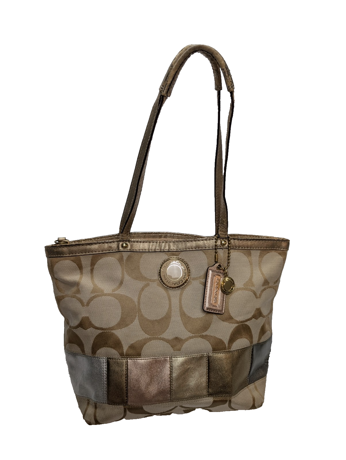 Sac Coach Signature Beige Jacquard Toile Cuir Épaule Cabas