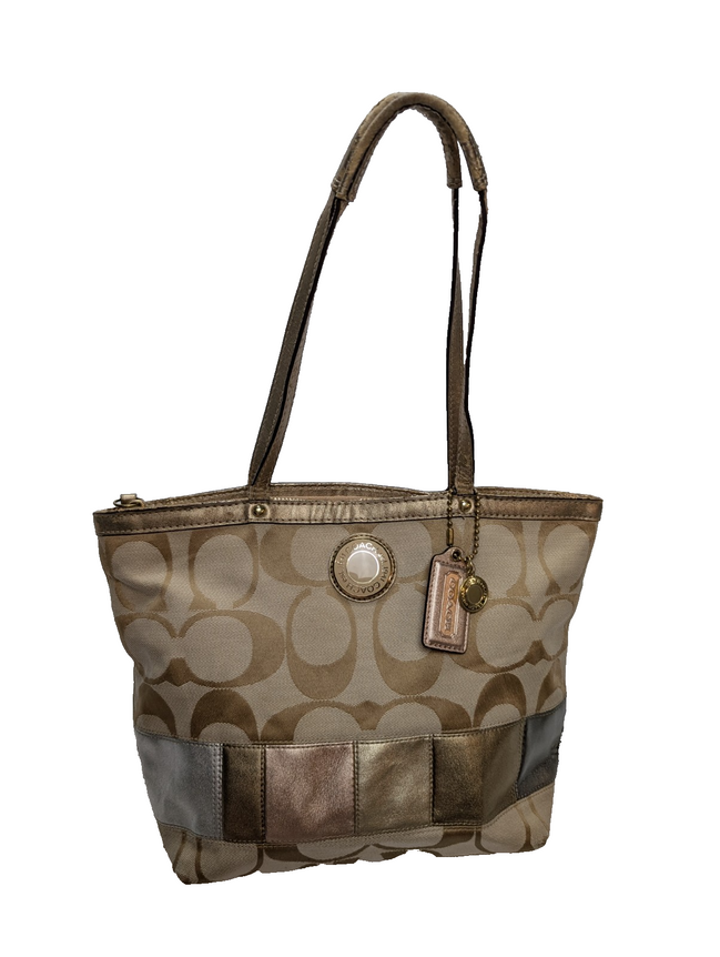 Sac Coach Signature Beige Jacquard Toile Cuir Épaule Cabas