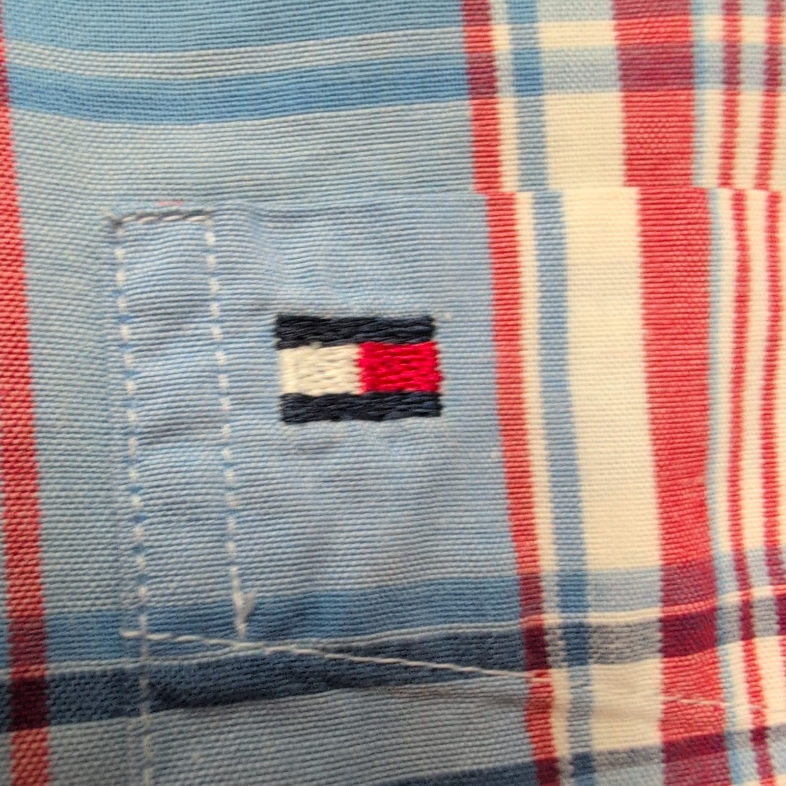 Chemise Tommy Hilfiger Manches Courtes Bleu Blanc Rouge à Carreaux Taille XL