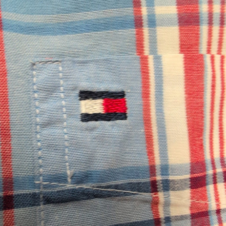 Chemise Tommy Hilfiger Manches Courtes Bleu Blanc Rouge à Carreaux Taille XL