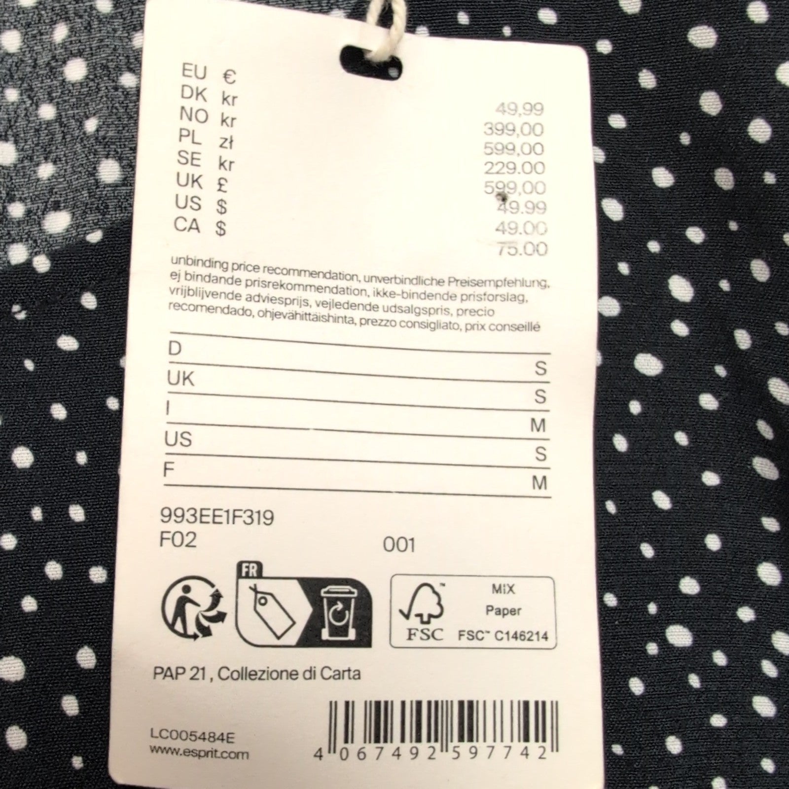 Haut Esprit Femme M Noir Pois Blancs Manches 3/4 Viscose Neuf Étiquette