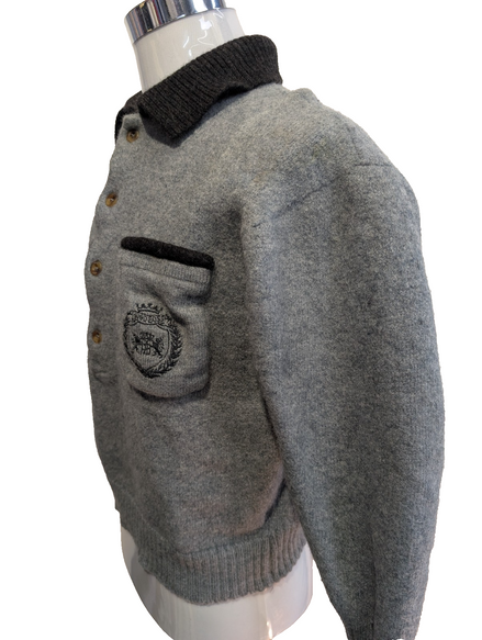 Hugo Boss Pull Laine Vierge XS Gris Chiné Col Boutonné Poche Brodée 