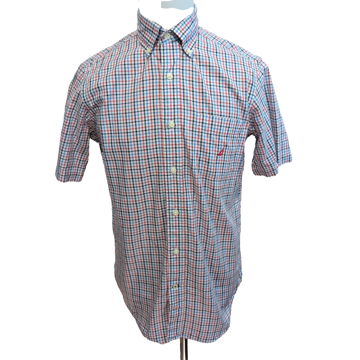 Chemise Nautica S carreaux bleu blanc rouge manches courtes logo rouge