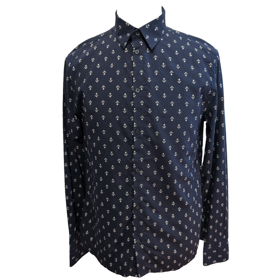 Chemise H&M bleu marine motifs ancres blanches manches longues M