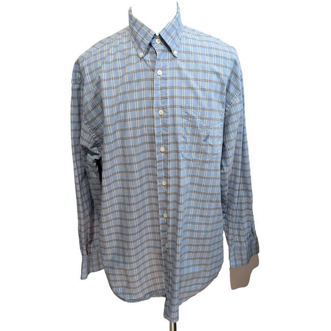 Chemise Nautica XL Bleu Clair Carreaux 100% Coton Logo Poche manches longues