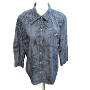 Chemise Karen Scott XL Bleu Effet Jean Fleurs Coton Poche Manches 3/4