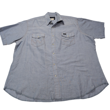 Chemise Wrangler cowboy western bleu uni manches courtes taille XXL 2 poches