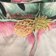 Chemise Hawaïenne Caribbean L 70% Soie Noir Fleurs Fuchsia Boutons Bois