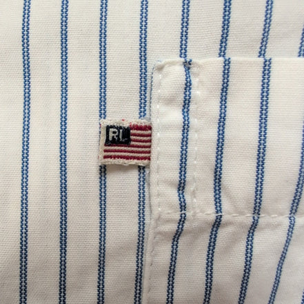 Chemise Ralph Lauren M Slim Fit Blanc Rayures Bleu Logo Drapeau USA Vintage