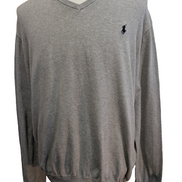 Pull Polo Ralph Lauren Col V Gris Clair Logo Bleu Marine - 100% Coton Pima XL
