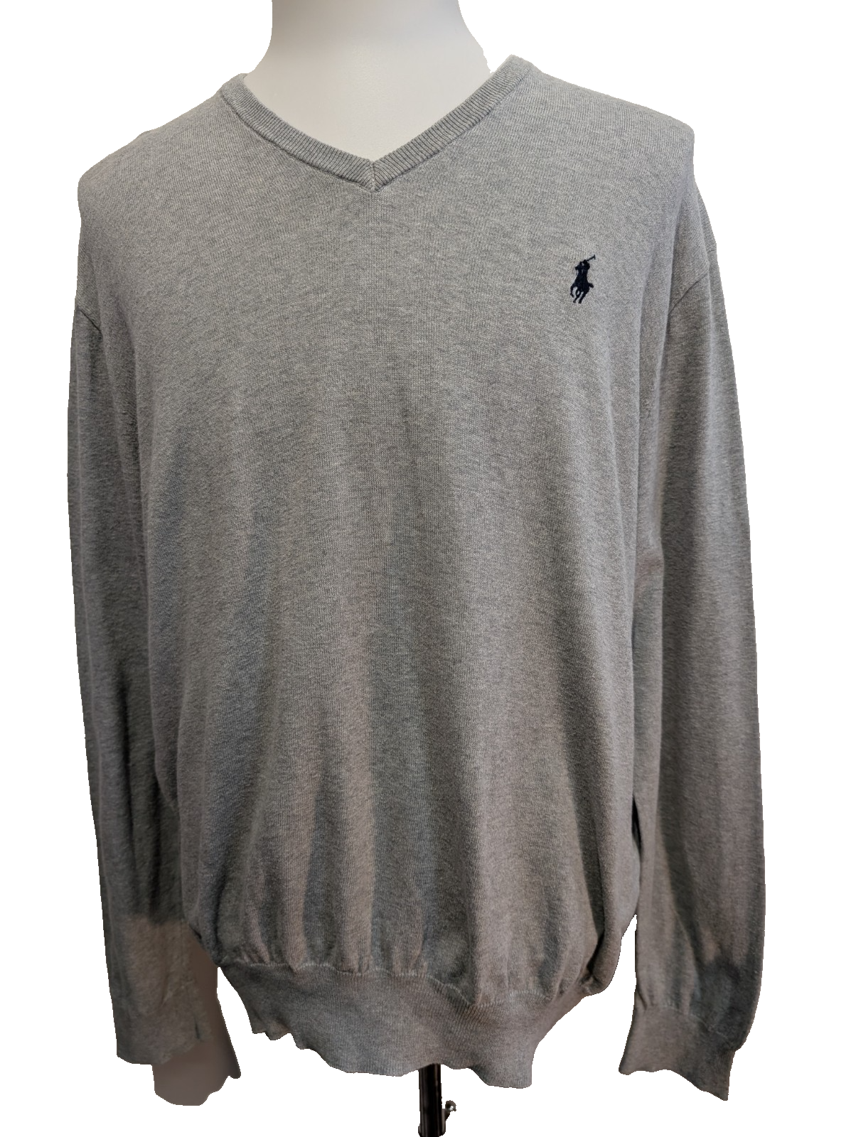 Pull Polo Ralph Lauren Col V Gris Clair Logo Bleu Marine - 100% Coton Pima XL