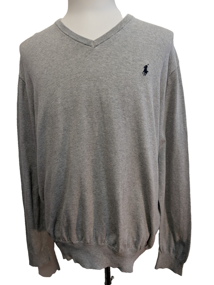 Pull Polo Ralph Lauren Col V Gris Clair Logo Bleu Marine - 100% Coton Pima XL