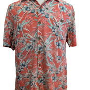 Chemise Hawaïenne Caribbean Joe Rayon Rouge Clair & Fleurs Vertes - Taille M