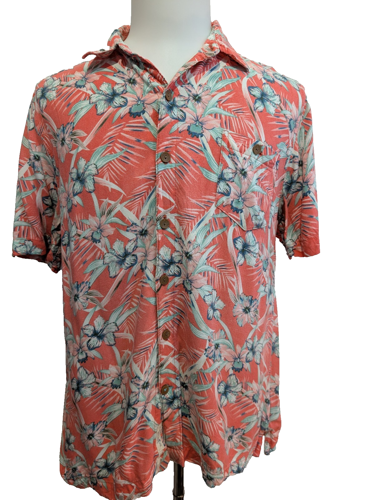Chemise Hawaïenne Caribbean Joe Rayon Rouge Clair & Fleurs Vertes - Taille M
